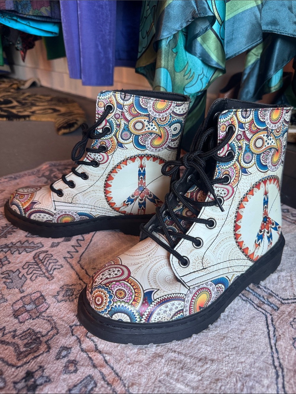 Yes We Vibe White Paisley Lace-Up Combat Boots